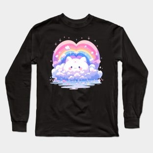 Rainbow Heart Baby Kitty Kawaii Fluffy Cloud Cat Long Sleeve T-Shirt